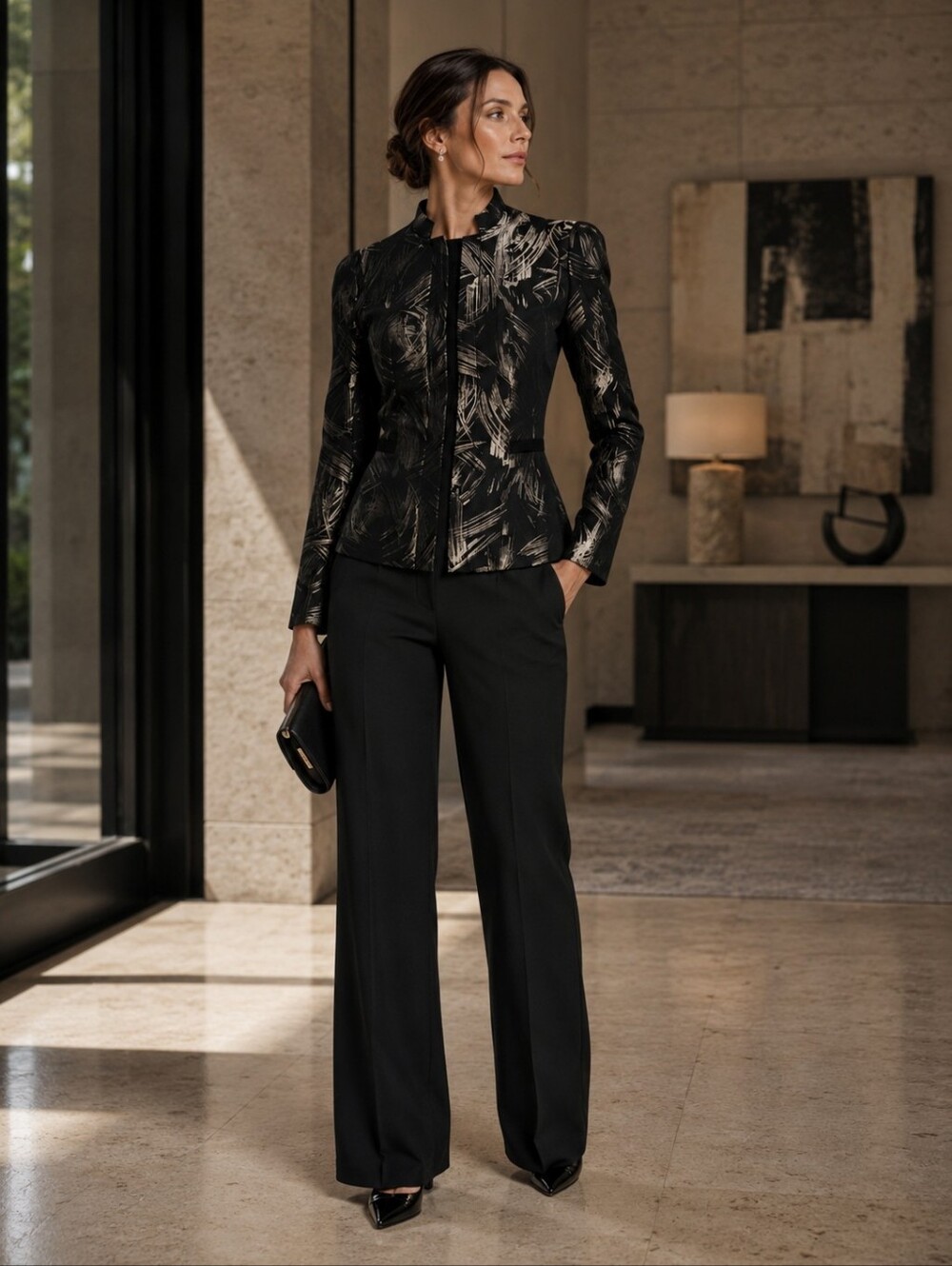 LAFAYETTE 148 Virgin Wool Blend Abstract Jacket Shoulder Pads Black Women 10